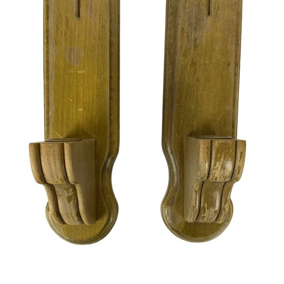Vintage Mid-Century Wooden Taper Candle Holder Wall Sconces With Leaf Design - Picture 3 of 8